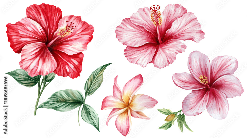 Fototapeta premium Set of red and pink hibiscus flowers with green leaves, watercolor botanical illustrations isolated on transparent background, tropical floral collection for design
