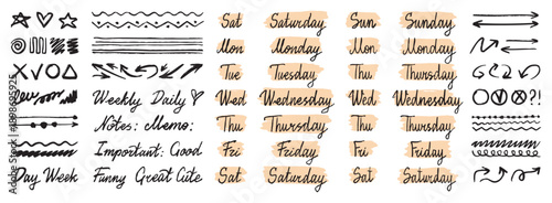 doodle hand drawn lettering days of week. Sunday, Monday, Tuesday, Wednesday, Thursday, Friday and Saturday. Text borders. Stickers for planner, journal. vintage italic handwritten days week clipart.