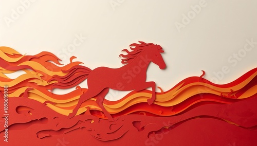 Dynamic Paper-Cut Fire Horse Running Chinese New Year Background