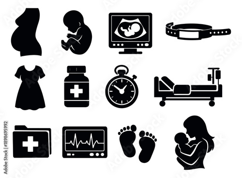 Silhouette healthcare icons set featuring pregnant woman, baby, ultrasound, and hospital equipment for maternity and newborn care