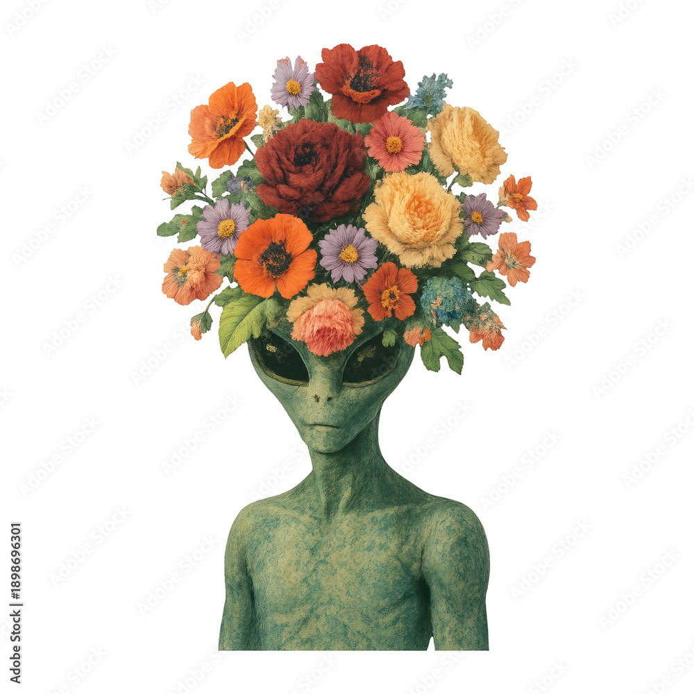 Naklejka premium PNG Alien adorned with floral crown.