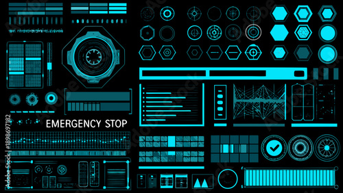 Futuristic interface elements and digital control panel with cyan glow