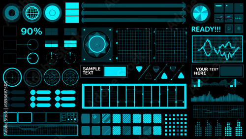 Futuristic user interface elements arranged on a dark background