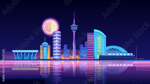 Futuristic cityscape with glowing towers and reflections on the water