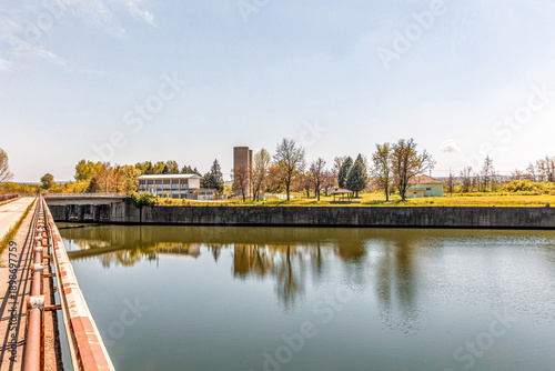 Water flow of the dam of Therapio on the Ardas river, Evros Greece near to the Greek Turkish borders, drought problem during spring or summer period, lack of water