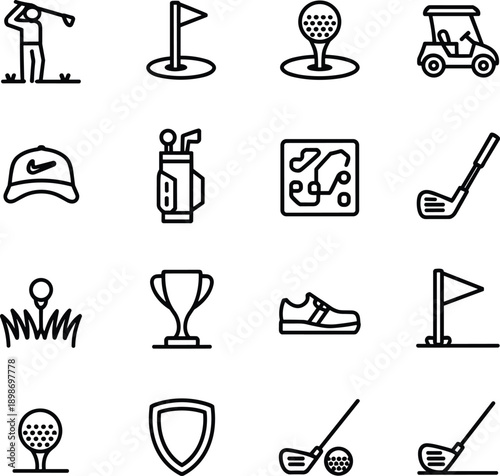 Golfer swinging club, golf hole flag, golf ball tee, golf cart, sports cap, golf bag clubs, course map, trophy, shoe, shield emblem, golf club hit, sports equipment