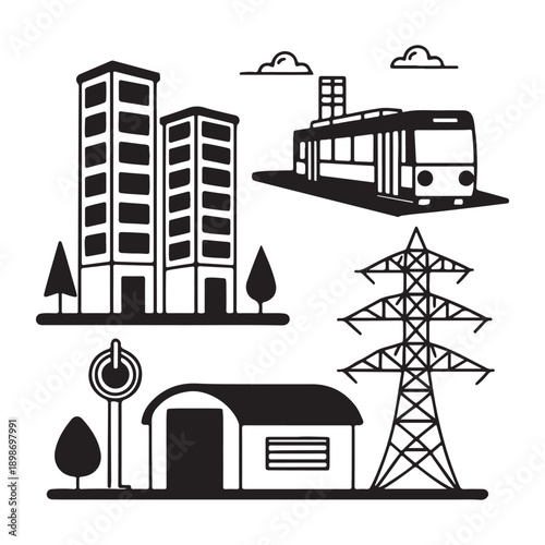 Smart City Infrastructure and Urban Development Set: Residential Buildings, Electric Tram, and Power Grid Towers