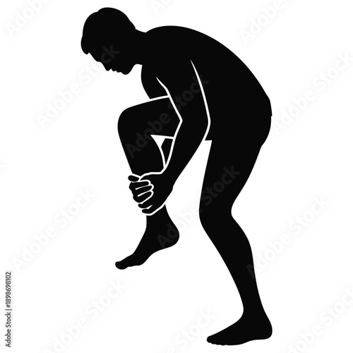 A person is tying their shoelaces while bending over with one knee on the ground. isolated on white background, Vector, illustration