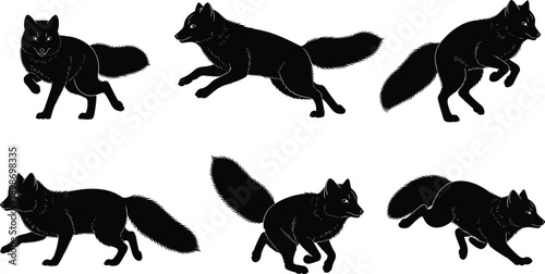Six black silhouette foxes in various running and jumping poses animal wildlife