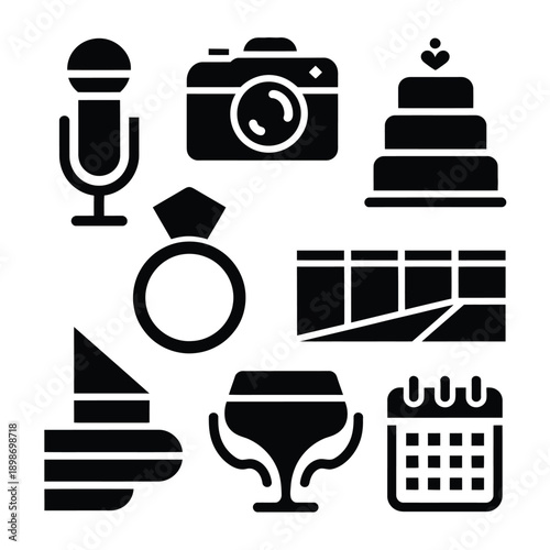 Collection of icons representing wedding planning and photography elements isolated on white background, Vector, illustration