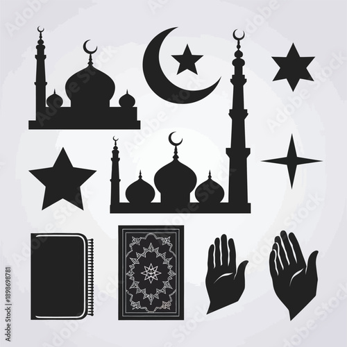 Islamic symbols and artifacts depicted in black and white silhouettes isolated on white background, Vector, illustration