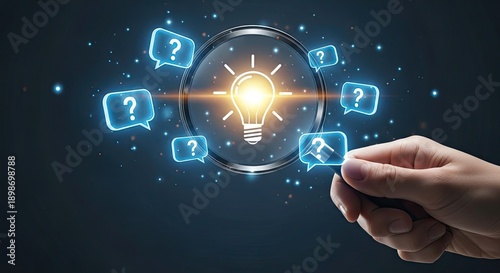 Hand holding glowing light bulb surrounded by question marks concept of problem solving and innovation.
