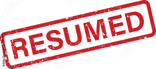 A red textured rubber stamp with the word RESUMED on a clean white backdrop