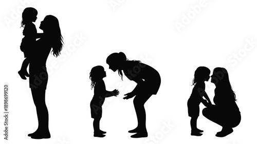 Silhouettes of a mother and child at different stages of growth and interaction isolated on white background, Vector, illustration