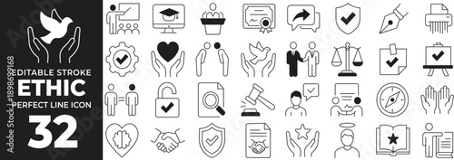 Ethics and Corporate Values Dual tone Icon Set with Integrity, Trust, Transparency, Justice, Compliance, Governance and Business Responsibility Symbols Outline Vector Illustration