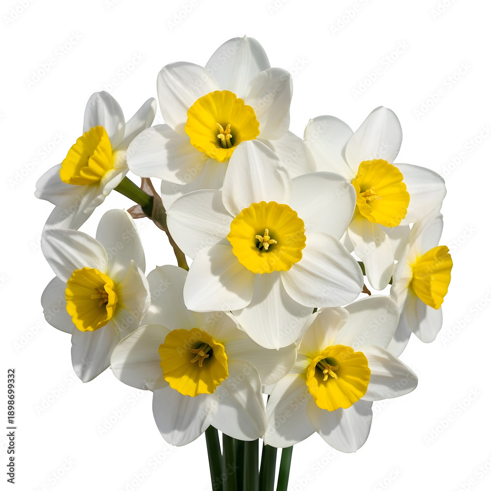 Fototapeta premium white daffodils with bright yellow core isolated on transparent or white background. PNG 