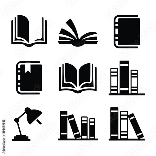 A collection of book and reading icons in various styles and formats isolated on white background, Vector, illustration