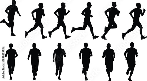 Running man silhouette sequence showing jogging sprinting motion fitness exercise poses isolated on white background vector illustration set