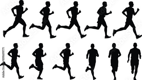 Running man silhouette set showing male jogger and runner poses in motion isolated on white background vector illustration
