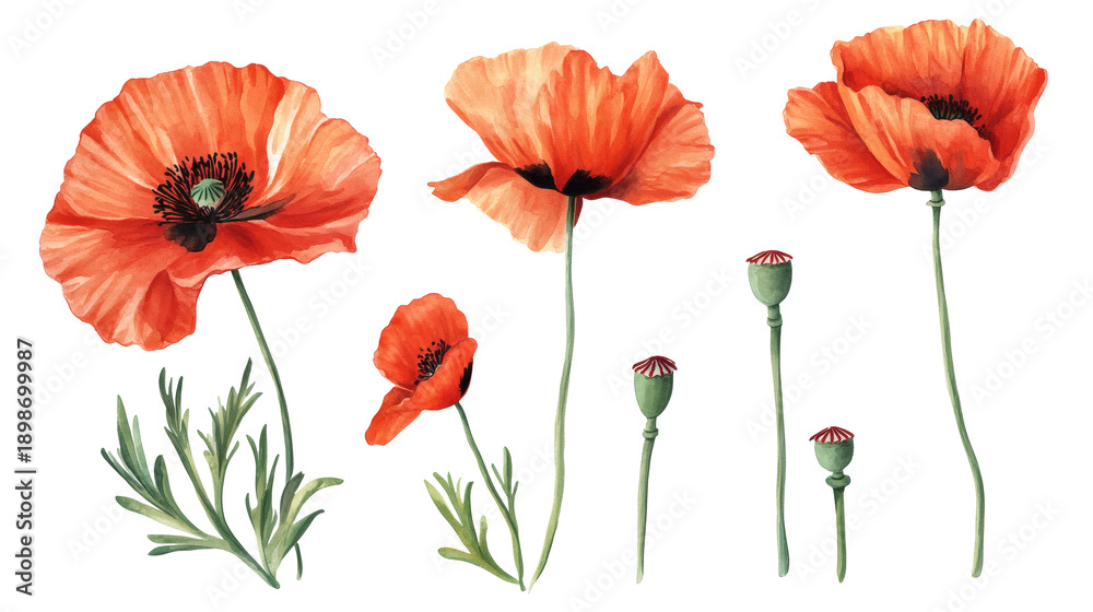 Obraz premium Watercolor-style red poppy flowers and buds on transparent background, delicate petals and green stems