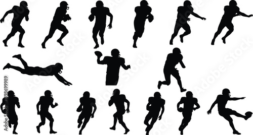 American football player silhouettes, athletes in action poses, running tackling throwing concept, sports illustration isolated