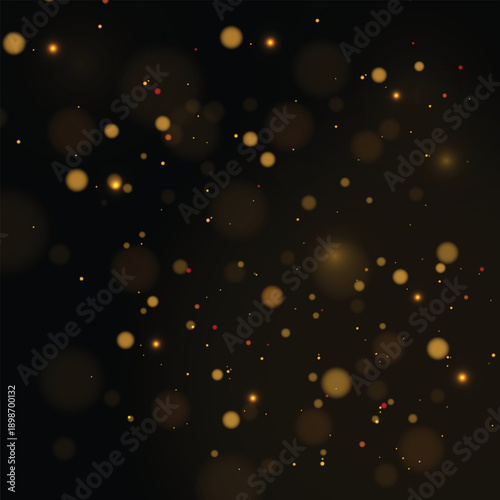 Abstract magical light effect with golden glares bokeh on a black background. Christmas lights. Glowing flying dust. Vector illustration