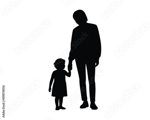 Silhouette of an adult holding hands with a small child outdoors isolated on white background, Vector, illustration