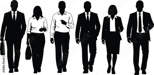 Business people silhouettes walking together, professional men and women team, corporate leadership concept, black figures isolated
