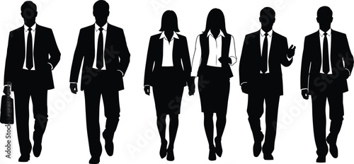 Business people silhouettes walking forward, professional men and women teamwork, leadership corporate success concept illustration