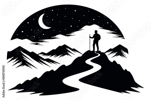 Silhouette illustration of a hiker depicting a nighttime mountain trek for outdoor adventure