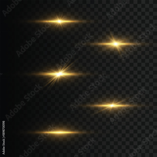 Glowing golden star, vector light rays shining brightly. Sunlight sparkles create a magical atmosphere. Starburst effects add extra shine on transparent background