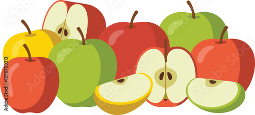 Healthy fresh apple collection vector illustration showing red green and yellow fruit varieties with whole apples sliced halves and wedges arranged together for nutritional snack concepts
