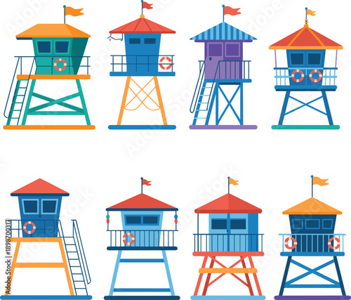 Colorful lifeguard tower illustrations set seaside beach rescue watch towers flat design isolated on white background