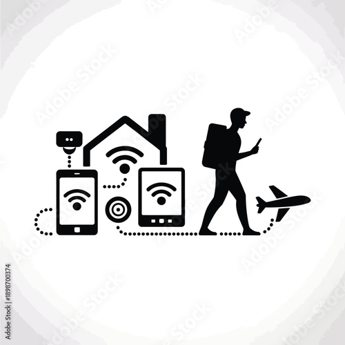 Modern traveler staying connected with smart home technology and global communication isolated on white background, Vector, illustration