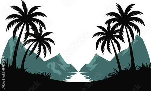 Scenic tropical mountain cove illustration with palm tree silhouettes on shoreline and turquoise peaks overlooking water bay peaceful exotic travel destination background