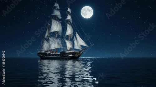 A tall sailing ship glides across a calm ocean at night under a full moon and stars