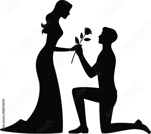 Romantic silhouette of a man proposing marriage to a woman with a rose 