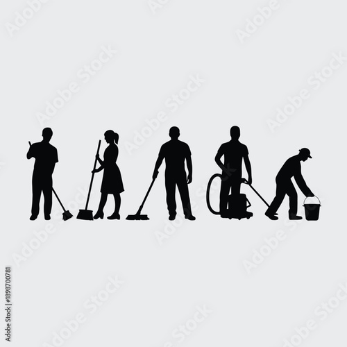 Diverse group of people engaged in various cleaning activities isolated on white background, Vector, illustration