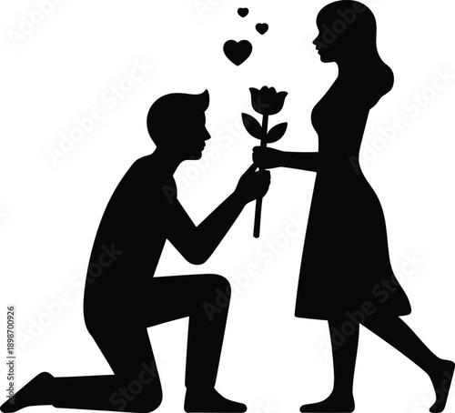Stylized illustration of a man proposing to a woman with a rose and floating hearts
