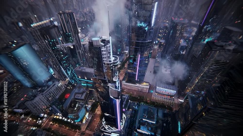 Aerial view of a futuristic cityscape with towering skyscrapers and neon lights