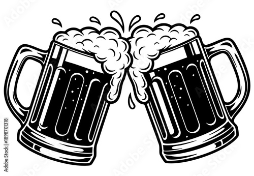Black and white vector illustration depicts two frothy beer steins clinking together in a cheerful toast celebration