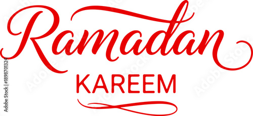 Ramadan Kareem calligraphy in red elegant script for Islamic greetings and celebrations isolated on white background