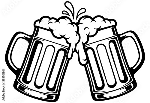 Simple black and white graphic illustration of two frothy beer mugs clinking together in a celebratory toast