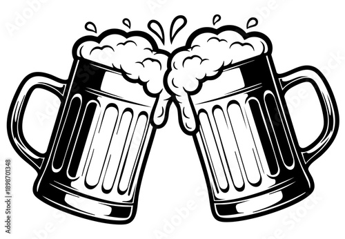 Two frothy beer mugs clinking together in a classic celebratory toast illustration design
