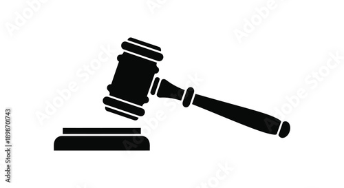 A stark black silhouette of a gavel resting on a sound block represents justice law and legal proceedings silhouette
