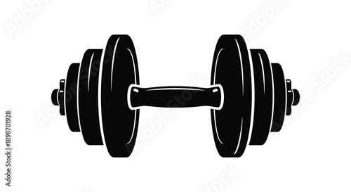 A stark black dumbbell is prominently displayed against a white background representing strength and fitness a powerful silhouette high quality