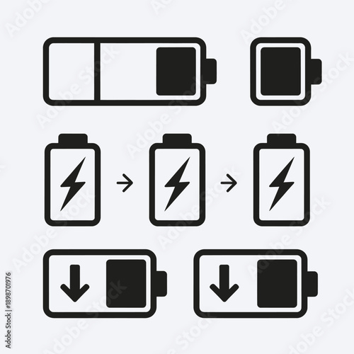Illustration of various battery icons depicting charging and discharging states isolated on white background, Vector, illustration