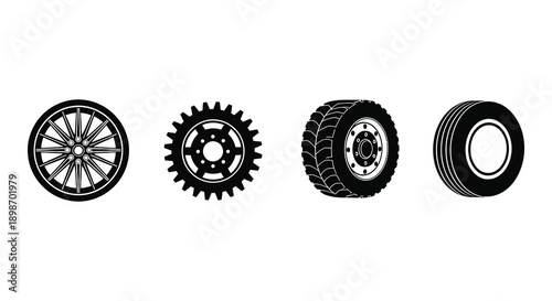 A linear arrangement displays four distinct wheel types in stark black showcasing automotive and mechanical design silhouette high quality professional