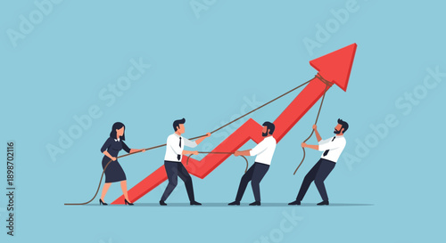Business Leader Guiding Team Pushing Upward Arrow, Growth, Leadership and Financial Success Concept Illustration
