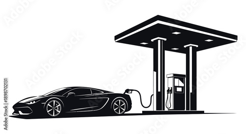 A sleek modern sports car is depicted refueling at a gas station presented in a striking black silhouette high quality